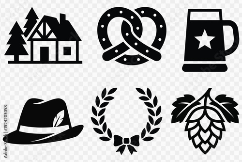 Collection of six black icons representing Oktoberfest symbols like a house pretzel beer mug hat wreath and hop isolated on a transparent background