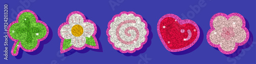 Glitter sticker set with clover, daisy, candy, heart and flower shapes on purple background. Shiny pink patches with sequins texture, sparkles, glossy highlights and sweet kawaii charm.