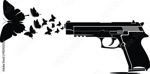 Black pistol shooting butterflies handgun