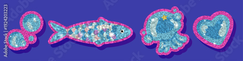 Glitter sticker set with sparkling fish, octopus, bubbles and heart in pink and blue colors on a purple background. Shiny marine clipart collection with glossy texture, sequins effect and kawaii vibe.
