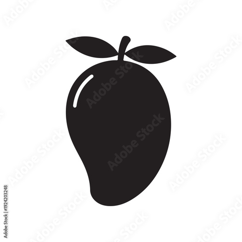 Solid black mango icon with leaves on top isolated on white background for design and illustration purposes  simple fruit symbol
