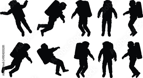 Astronaut Silhouettes in Floating Space Poses, Spaceman with Jetpack Backpack Isolated on White Background, Zero Gravity Spacewalk Illustration Collection for Aerospace Design