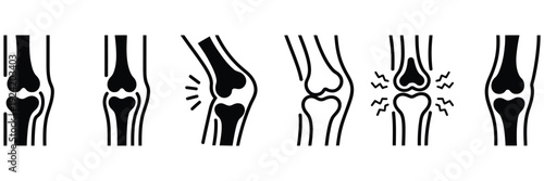 Joint pain and arthritis icons set, modern vector illustrations depicting knee joint pain, musculoskeletal issues, arthritis, medical treatment, physiotherapy, healthcare symbols, and creative digital