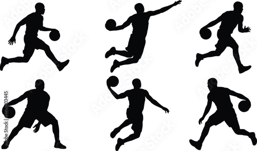 Basketball Player Silhouettes Collection in Action Poses, Dribbling and Jumping Athletes Isolated on White Background, Sports Training Illustration Set for Design