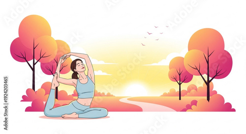 Woman practices yoga outdoors in serene autumn landscape with sunset background