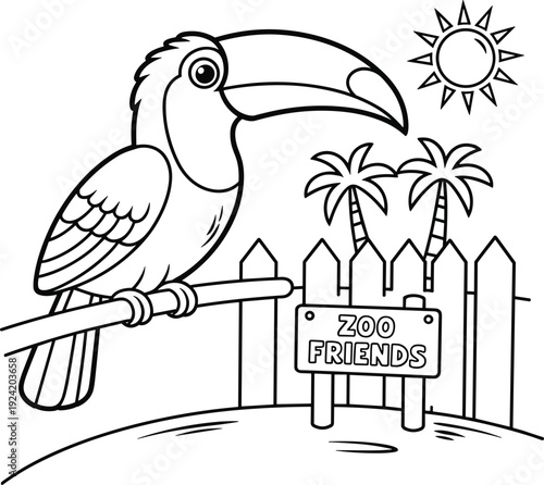 A cheerful toucan perches on a branch with a zoo friends sign and palm trees under a bright sun bird