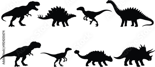 Dinosaur Silhouettes Collection with Tyrannosaurus, Triceratops and Stegosaurus, Prehistoric Reptile Illustration Set Isolated on White Background for Jurassic Design