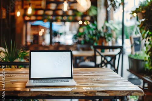 Laptop with blank screen on wooden table in modern cafe setting