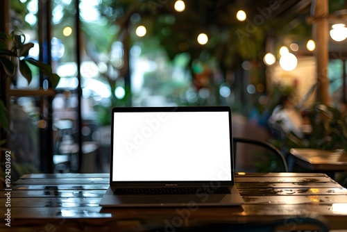 Laptop with blank screen on wooden table in modern cafe setting