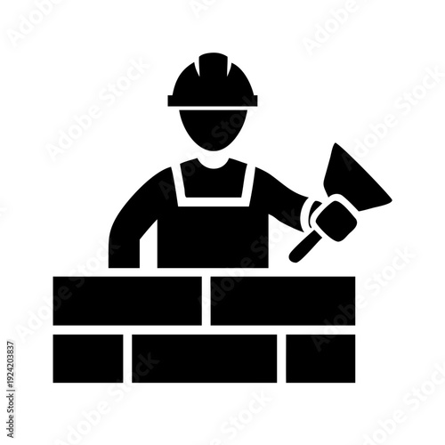 Construction Mason Laying Bricks Silhouette Vector Icon