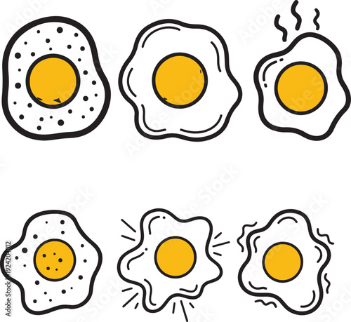 Six different styles of fried eggs sunny side up drawn with black outlines and yellow centers on transparent background