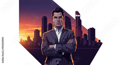 Confident businessman standing with arms crossed in front of a city skyline at sunset urban professional male