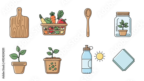 Culinary and Gardening Essentials: A collection of fresh, wholesome ingredients and tools essential for culinary and gardening endeavors, designed for any food and nature lover.