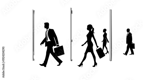 Business Professionals Walking in Modern Office Hallway Silhouette