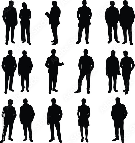 Set of business people silhouettes standing in formal suits isolated on white background, black professional human figure vector illustration collection.
