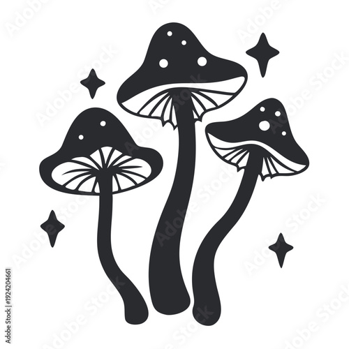 Magic Mushroom Vector Silhouette with Stars and Botanical Details
