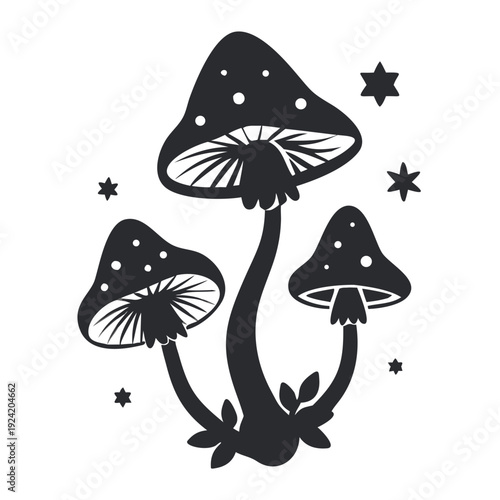 Celestial Mushroom Forest Vector Silhouette with Stars and Leaves