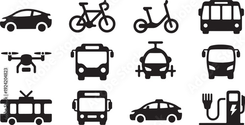 Black silhouette icons of various transportation vehicles and charging station