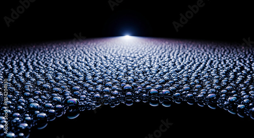 Field of shiny blue spheres on black, reflecting light. Represents myriad possibilities, science, technology, or futuristic abstract concept