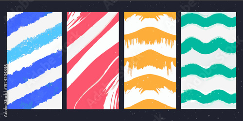 Five vertical panels displaying vibrant abstract brushstroke patterns
