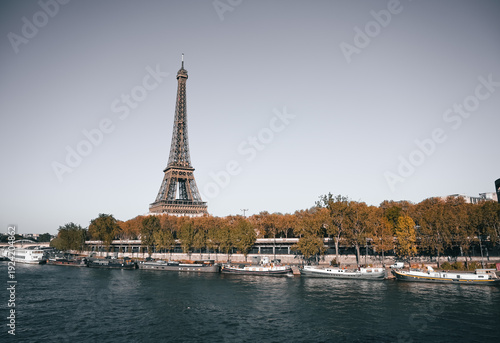 The Eiffel Tower along the River Seine in Paris, France.