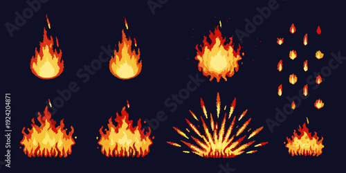 Pixel art collection of various fire and flame effects on dark background