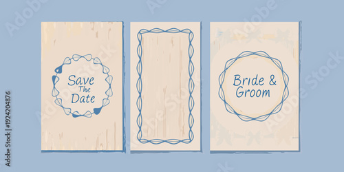 Three rustic wedding save the date cards with floral wreath designs