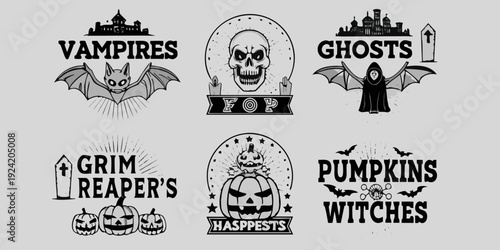 A spooky halloween collection of monsters and holiday elements