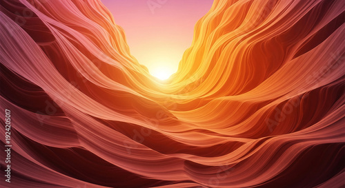 Abstract view of layered, orange and red rock formation illuminated by bright light, showcasing smooth, flowing texture, symbolizing depth and discovery