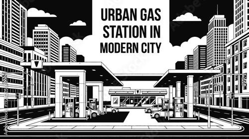 gas station located in a modern city street with fuel pumps cars and lighting representing urban transportation energy supply and daily travel services
