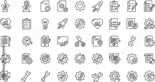 Thin line outline icons collection of productivity work tools business growth creativity achievement planning technology maintenance gears and success symbols