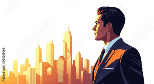 Businessman in suit looking out over cityscape at sunset urban landscape with skyscrapers in background professional man in formal wear
