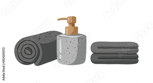 A digital illustration of a gray stone soap dispenser with a wooden pump nozzle sitting between a rolled dark gray towel and a stack of towels.