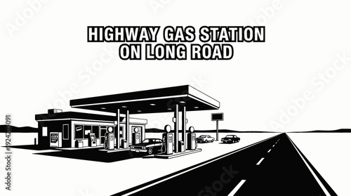 roadside gas station located on a long highway surrounded by open landscape representing travel support roadtrip services and fuel supply for long distance driving