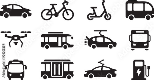 Black silhouette icons of various vehicles and transportation modes