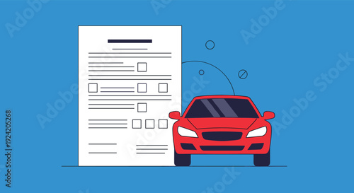Automotive insurance or purchase agreement showing a red car beside a formal document with several checkboxes for verification.