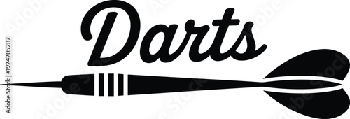 Black silhouette darts logo with sharp arrow and bullseye target concept isolated on white background, symbolizing precision, accuracy, competition and indoor sport entertainment.