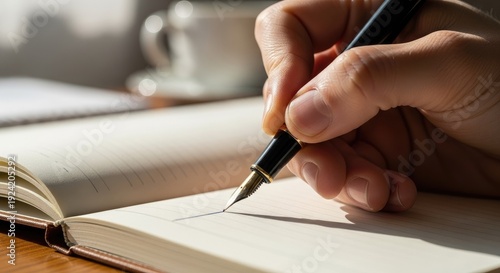 Close up of hand writing with fountain pen on open notebook with blurred background