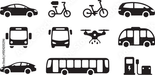 Black silhouette icons of various vehicles and transportation