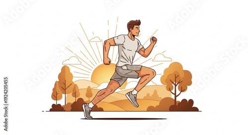 Man jogging in autumn landscape with sunrise background exercising outdoors in morning light