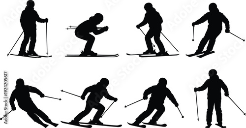 Skier Silhouettes Collection in Dynamic Downhill Poses, Winter Sports Athlete Skiing Illustration Set Isolated on White Background for Alpine Design
