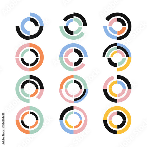 Abstract circular infographics with segments in muted pastel colors, set of four part diagrams and progress indicators