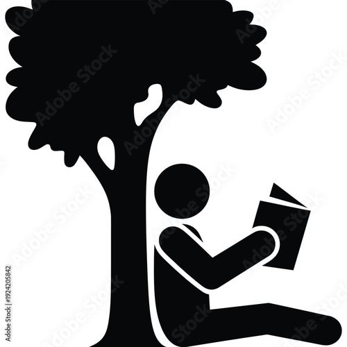 Pictogram of person leaning against tree trunk while reading book outdoors representing peaceful study and environmental education art