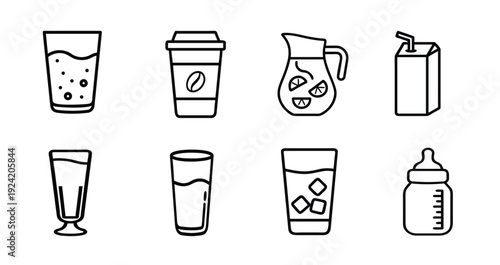 Beverage and drink icon set featuring glass of water coffee cup juice pitcher milk carton iced drink and baby bottle outline vector illustration editable stroke