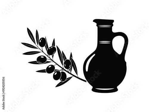 Olive branch with olives and oil jug, Mediterranean symbols