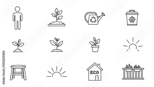 Eco-Friendly Icons: A collection of simple, black and white line icons representing various elements of environmental protection and sustainable living.