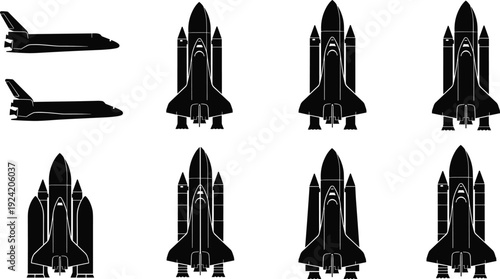 Space Shuttle Silhouette Set with Multiple Angles and Launch Positions, Rocket Spacecraft Icons Isolated on White Background, Aerospace Exploration Illustration Collection