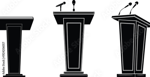 Black and white podium silhouettes with microphones for public speaking, debates, conferences, leadership presentations, communication events, and formal stage setups in vector illustration style