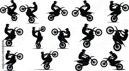 Black silhouettes of motorcyclists performing stunts on dirt bikes