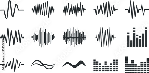 Audio Waveform and Sound Equalizer Icon Set with Music Frequency Visualizations for Recording, Podcasting, Broadcasting, and Digital Media Design